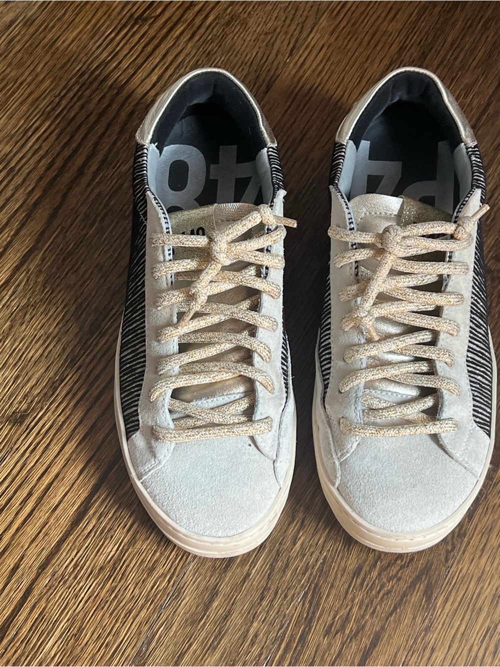 P448 Women’s Casual Suede Sneakers in Light Gray and Black and Gold